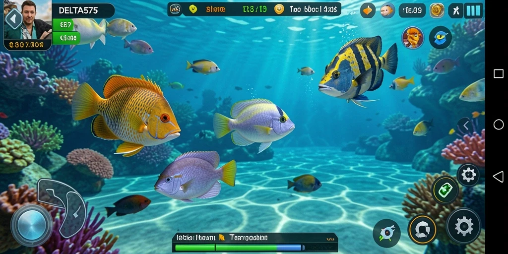 Screenshot gameplay DELTA575 menampilkan aksi seru menangkap ikan.