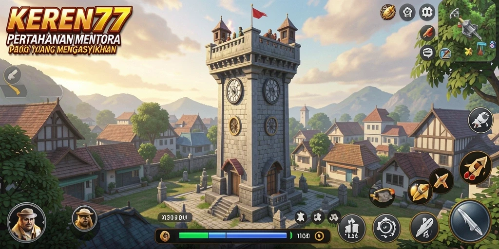 Tampilan gameplay KEREN77 dengan menara dan musuh yang menantang.
