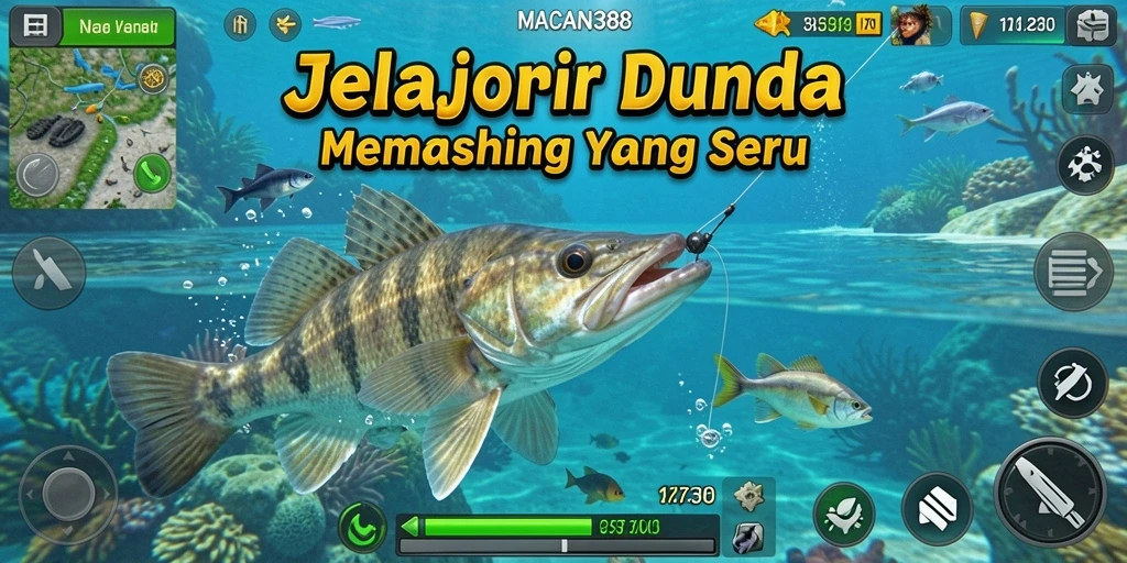 Screenshot utama menunjukkan gameplay memancing seru di lautan biru.