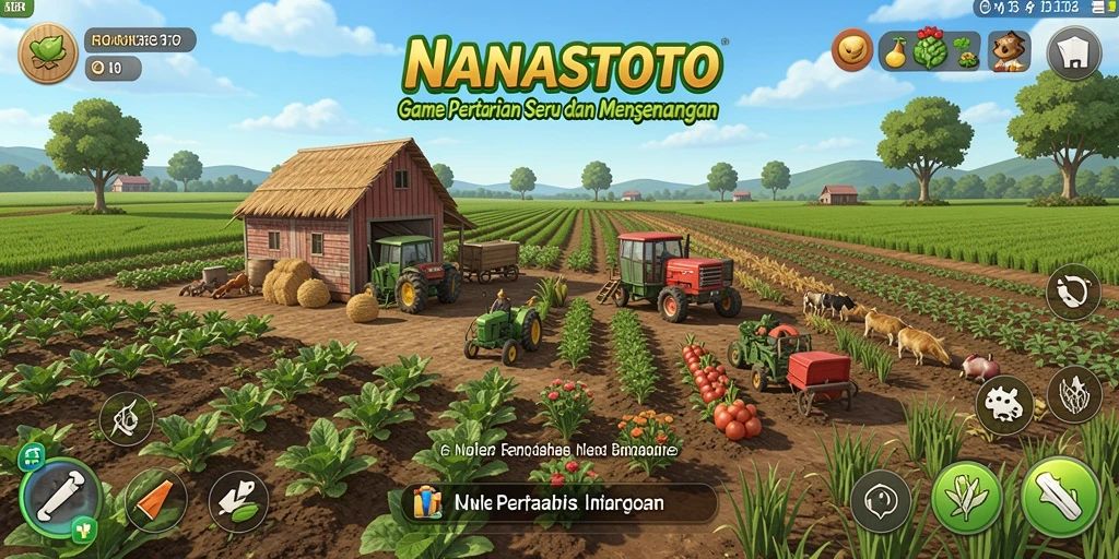 Gameplay NANASTOTO yang menampilkan ladang pertanian yang subur dan hewan peliharaan.