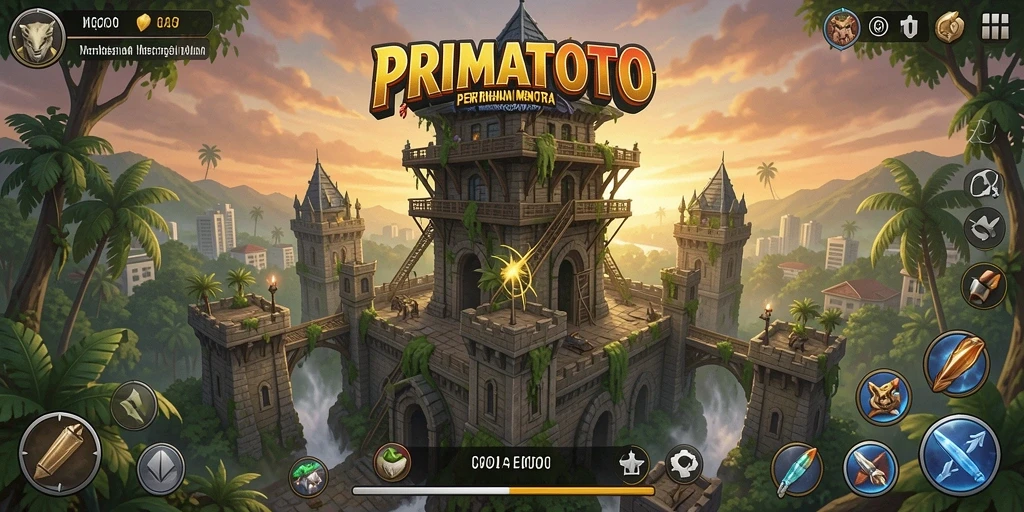 Gameplay menara pertahanan yang epik di PRIMATOTO.