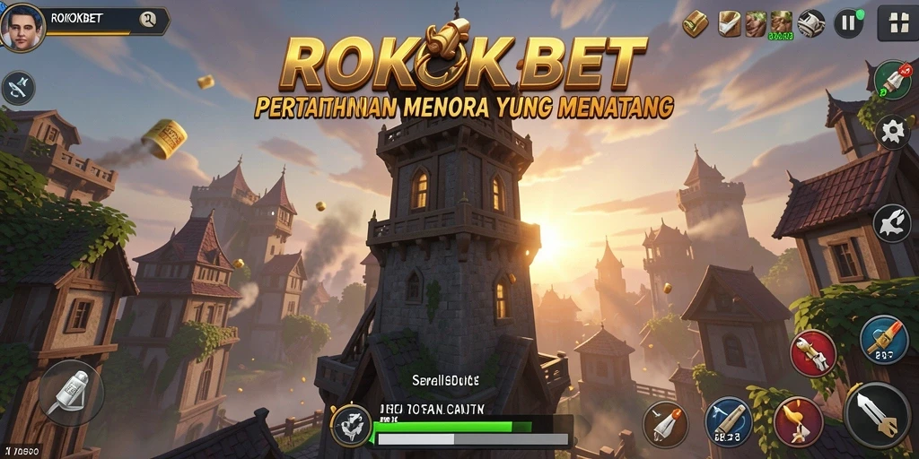 Gameplay ROKOKBET menunjukkan menara dan serangan musuh yang mendebarkan.
