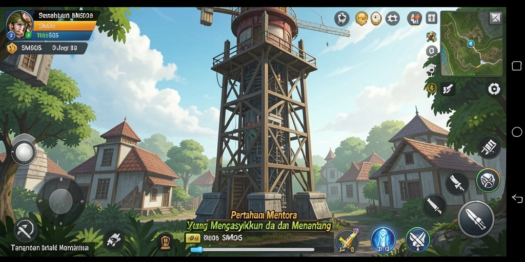 Screenshot utama SM605 menunjukkan aksi pertahanan menara yang epik.
